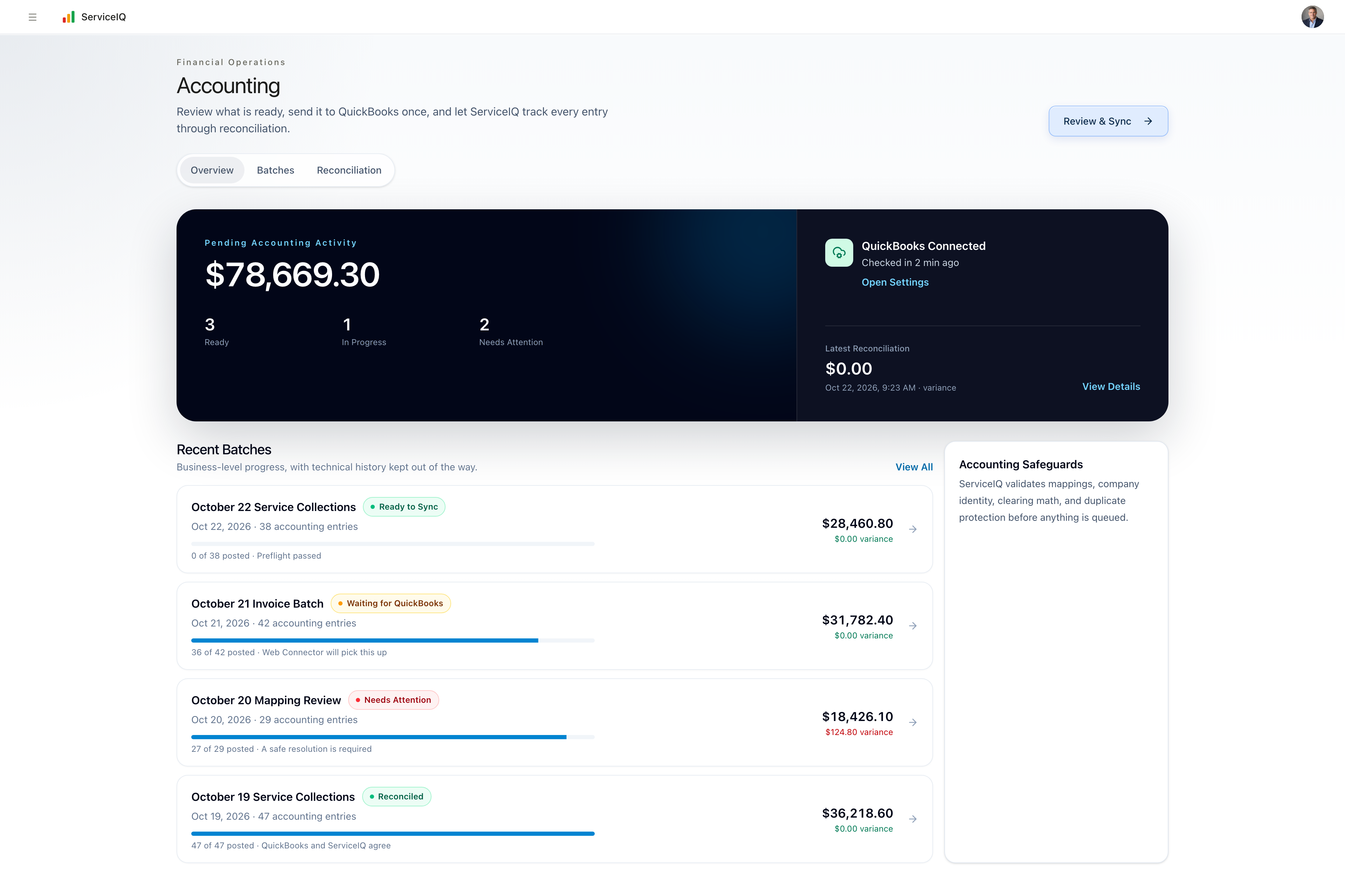 ServiceIQ desktop accounting workflow using fictional demonstration data