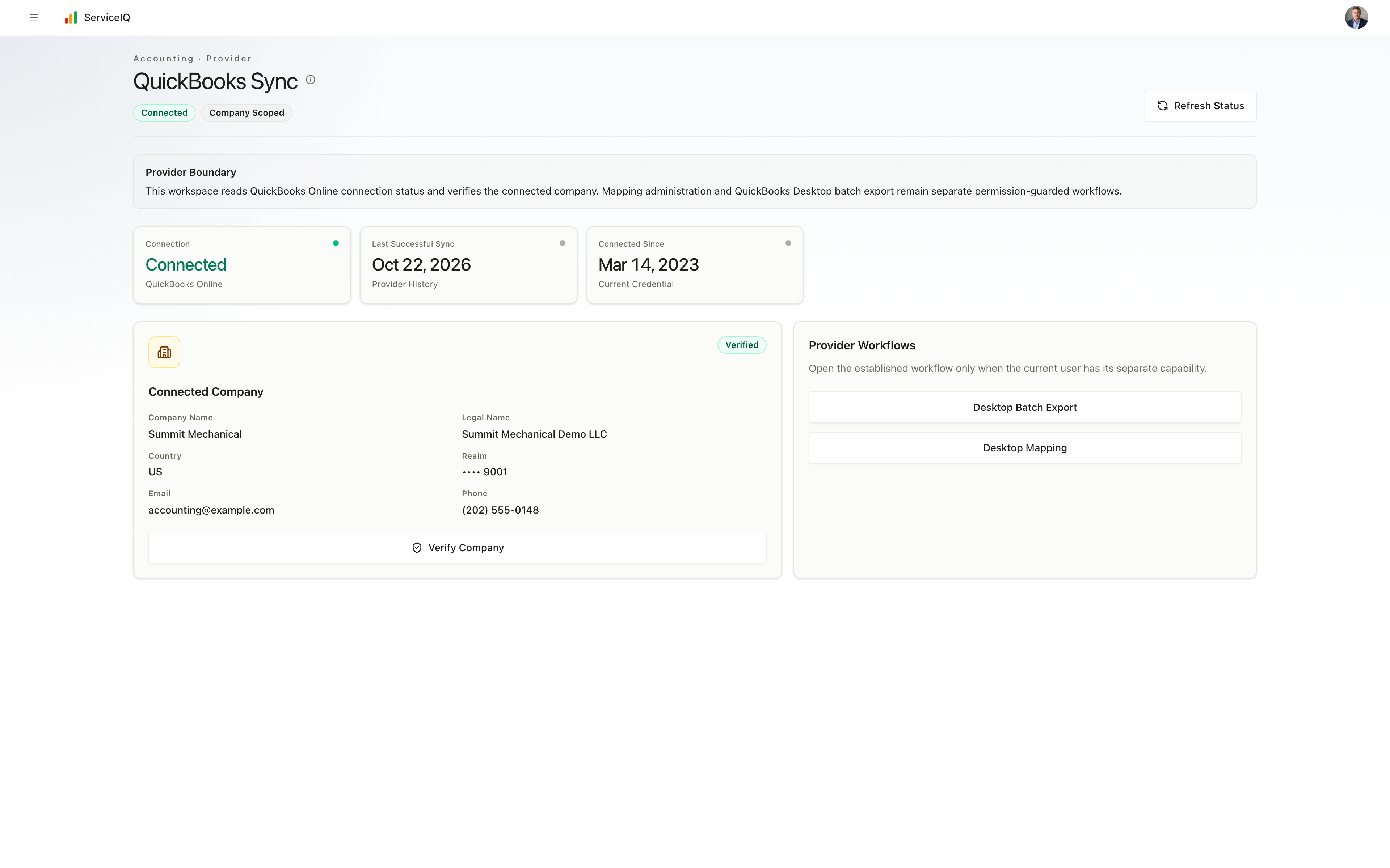 ServiceIQ cloud accounting workflow using fictional demonstration data
