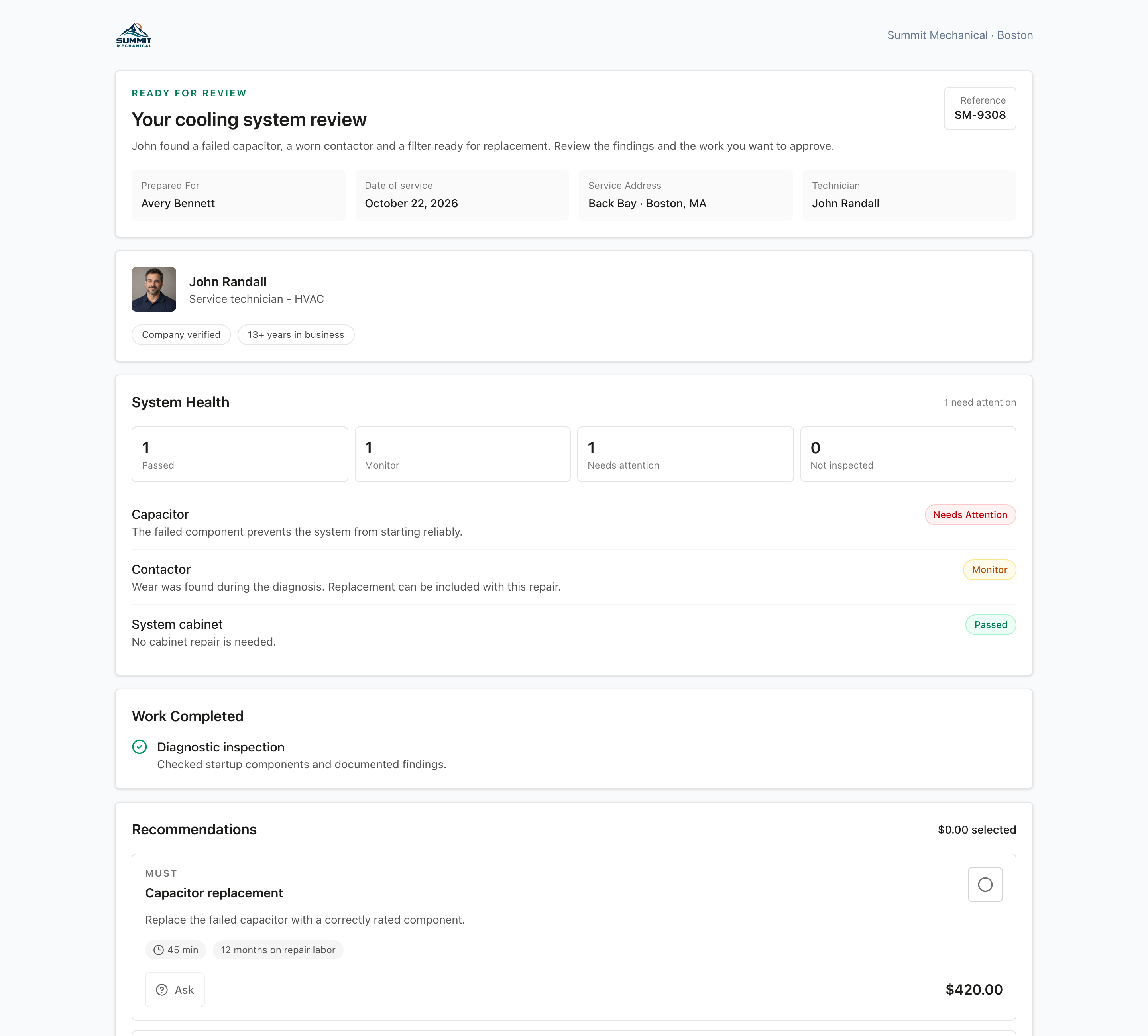 ServiceIQ customer financing workflow using fictional demonstration data