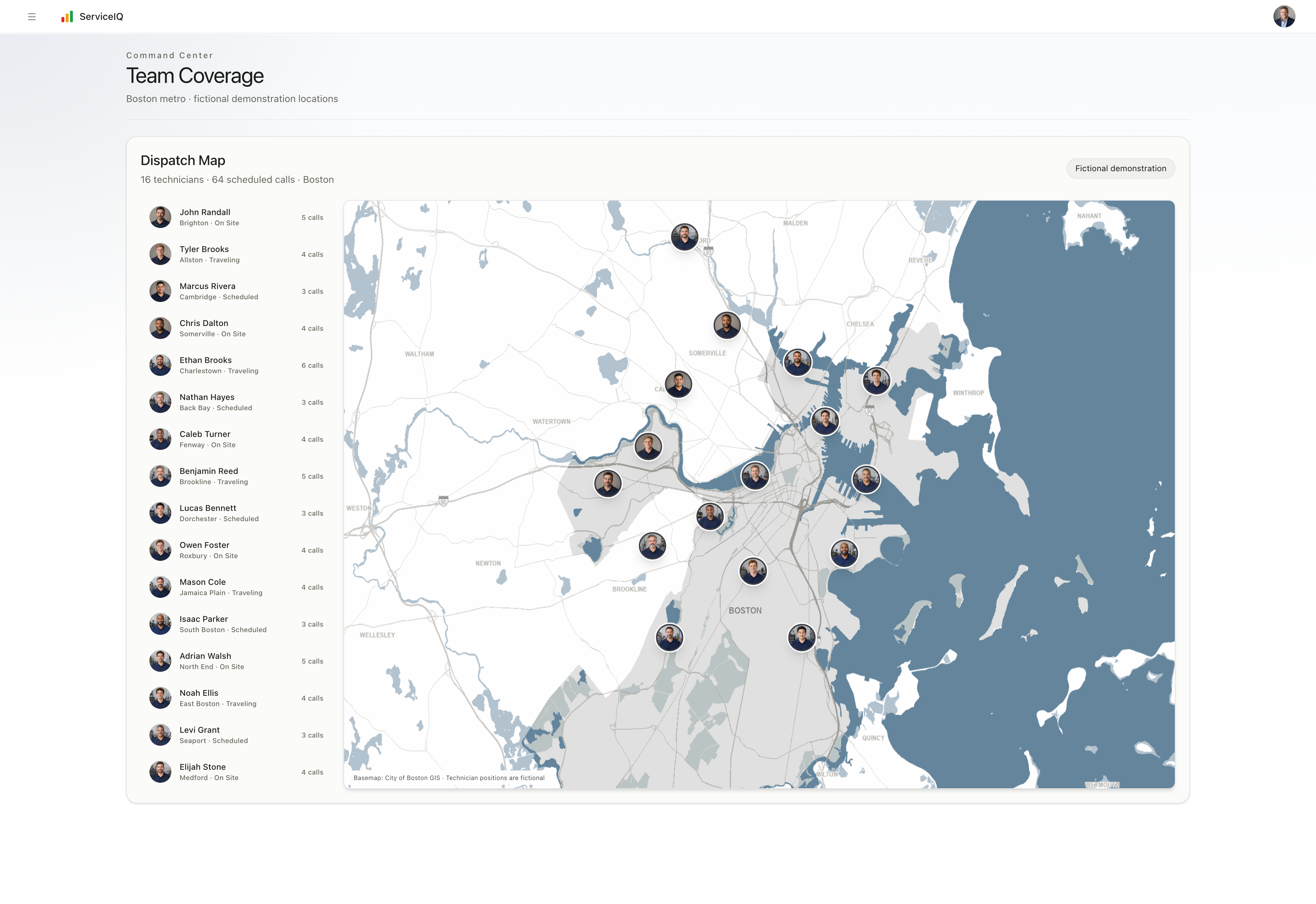 ServiceIQ fleet & dispatch workflow using fictional demonstration data