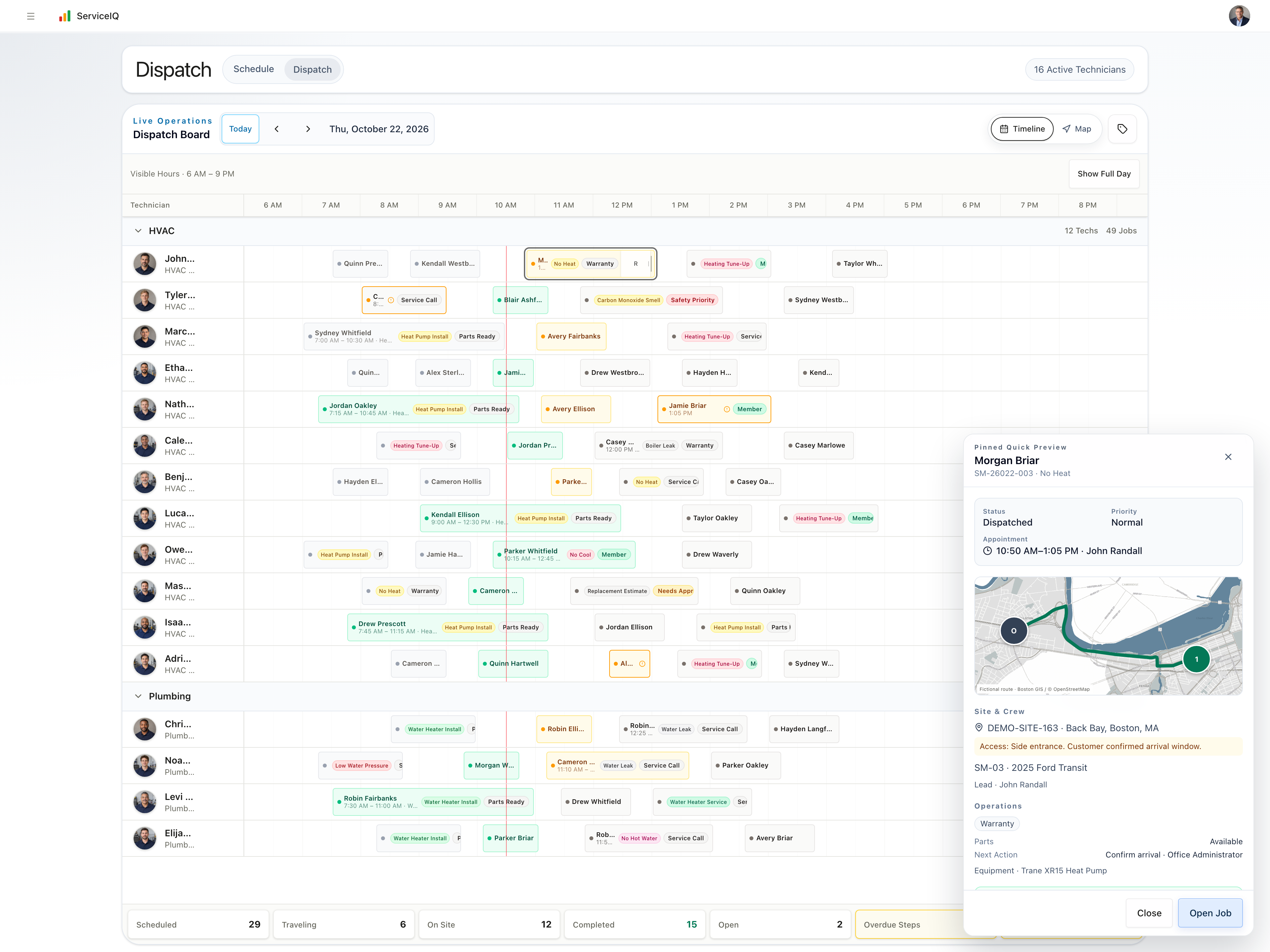 Actual ServiceIQ Dispatch with a varied fictional schedule and a pinned call preview showing its Boston route