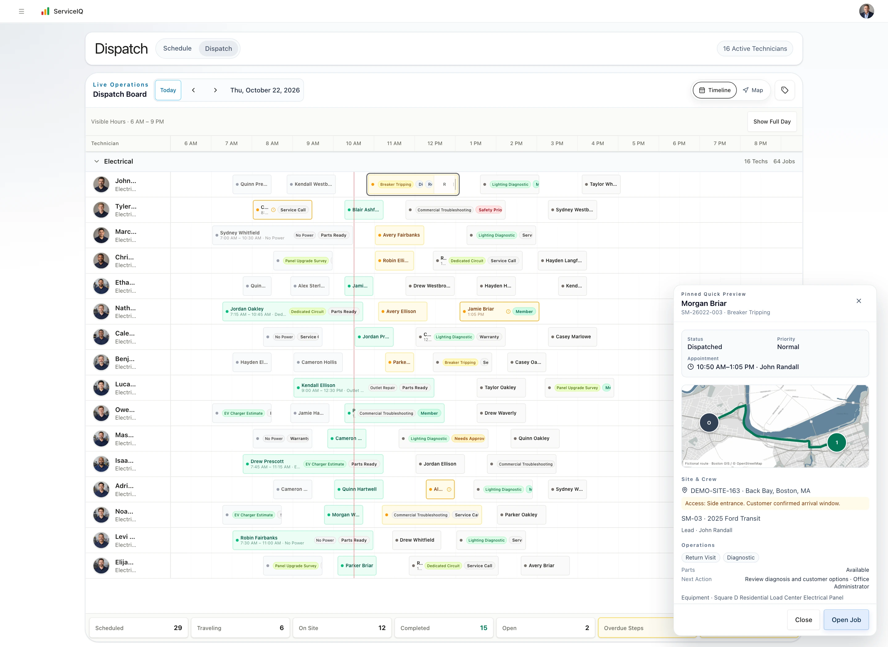 Actual ServiceIQ Dispatch with 64 fictional calls, technician lanes and a pinned call showing its Boston route
