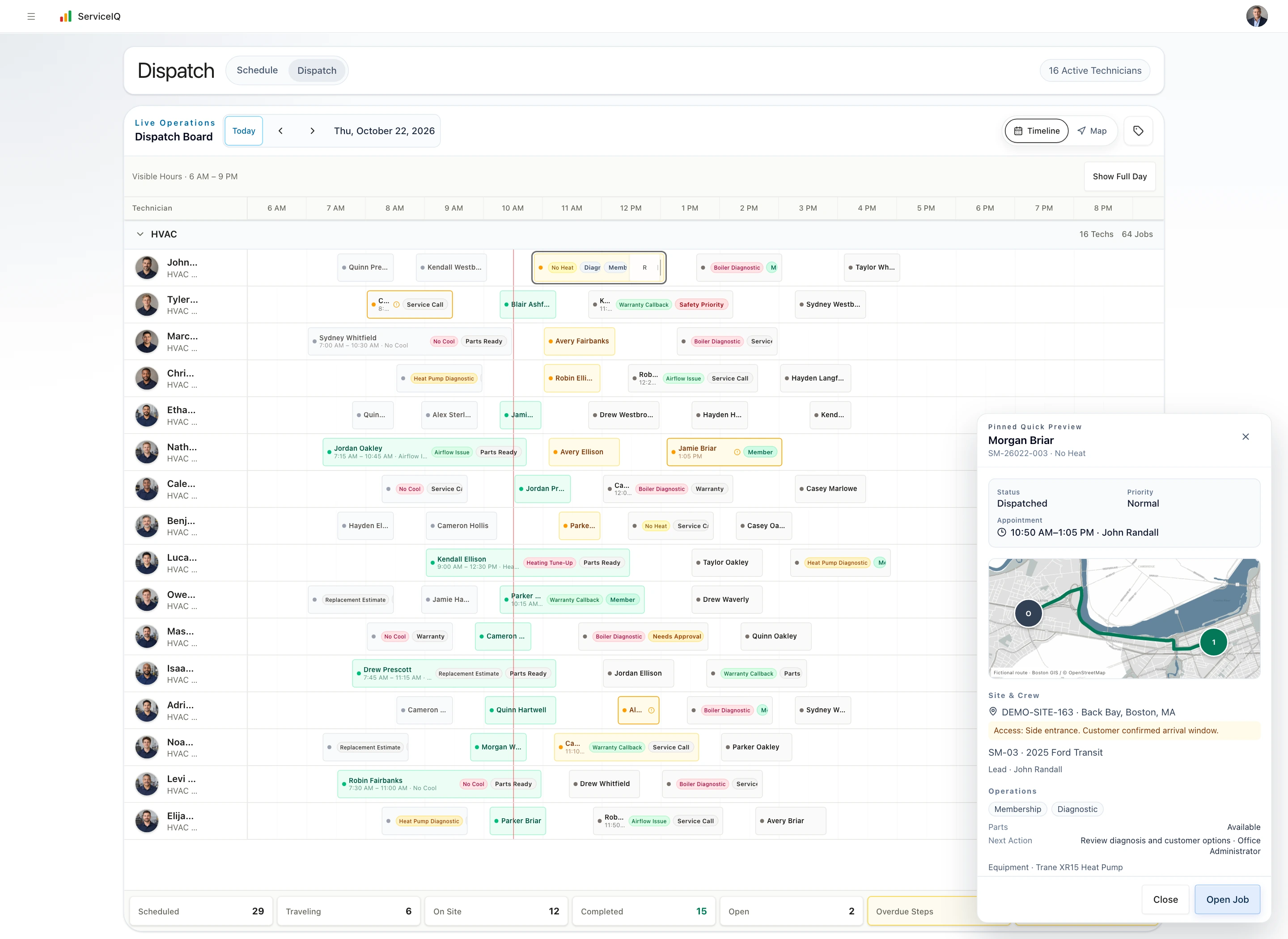 Actual ServiceIQ Dispatch with 64 fictional calls, technician lanes and a pinned call showing its Boston route